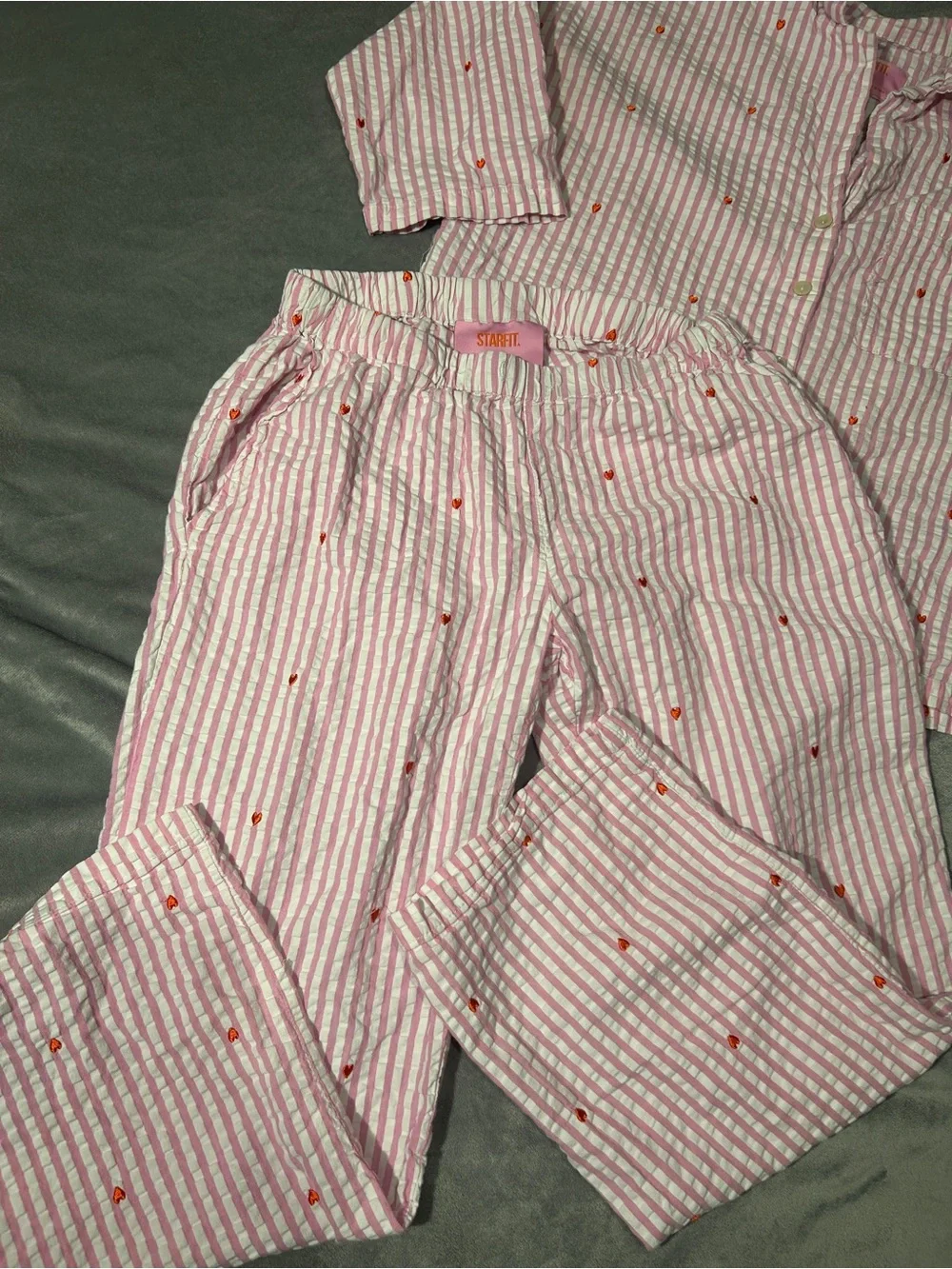 Pink Striped Kids Pajama Set with Tiny Red Hearts pink white